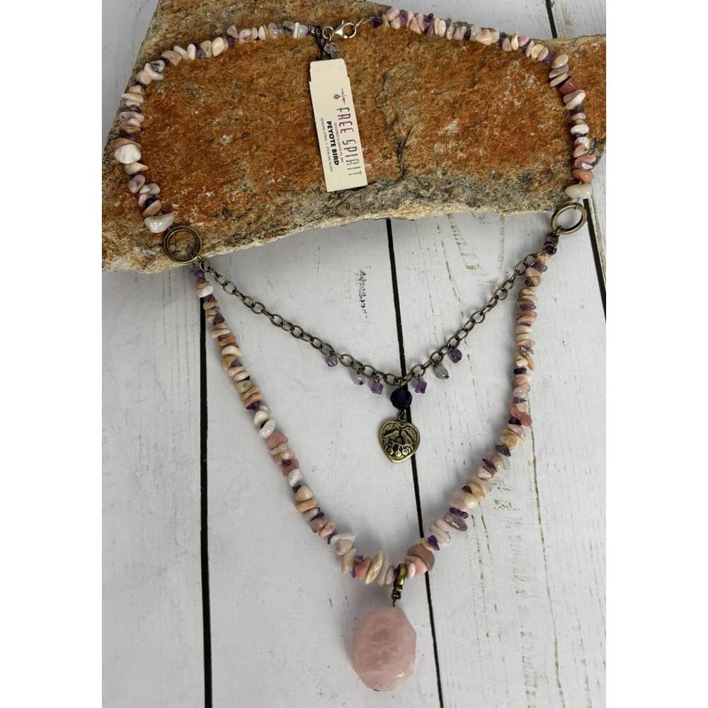 Free Spirit Peyote Bird Rose Quartz Stone Layered Necklace Sterling Silver‎ J186